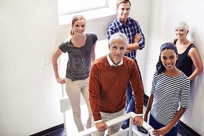 Buy stock photo Business people, portrait and collaboration in office, stairs and support in work environment. Diversity employees, unity and planning together at work, project and partnership for startup company