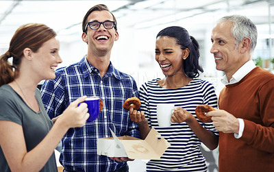 Buy stock photo Business people, doughnut and group with coffee, funny and conversation with humor and smile. Joke, startup and employees with sweet treat and morning tee with laughing and professional with a snack