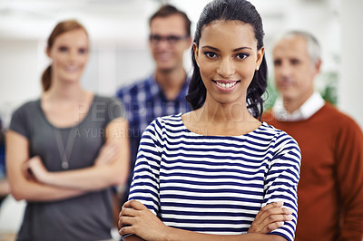 Buy stock photo Woman, smile and arms crossed in office with confidence for startup, entrepreneur and corporate company. Intern, colleagues and face with happiness for growth, training and new experience at work