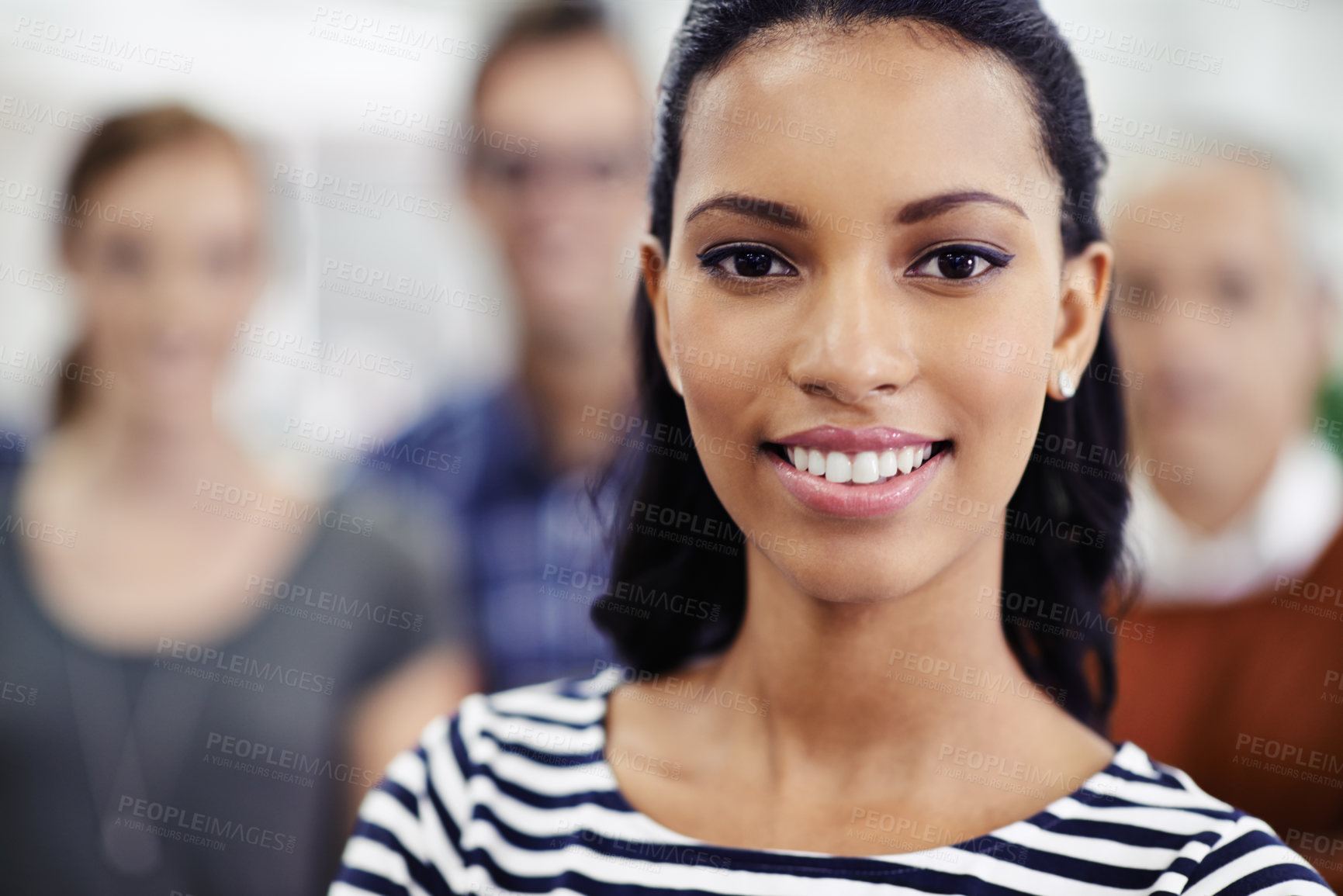 Buy stock photo Woman, smile and portrait in office for business, career or startup at company with coworkers indoor. Intern, trainee or journalist with colleagues for collaboration, professional job or project 