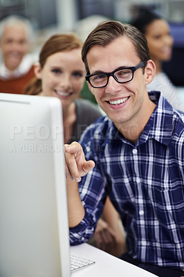 Buy stock photo Portrait, smile and business people with computer, man and planning with cooperation and project. Face, staff or group with pc or collaboration with online reading or tech with ideas or IT specialist
