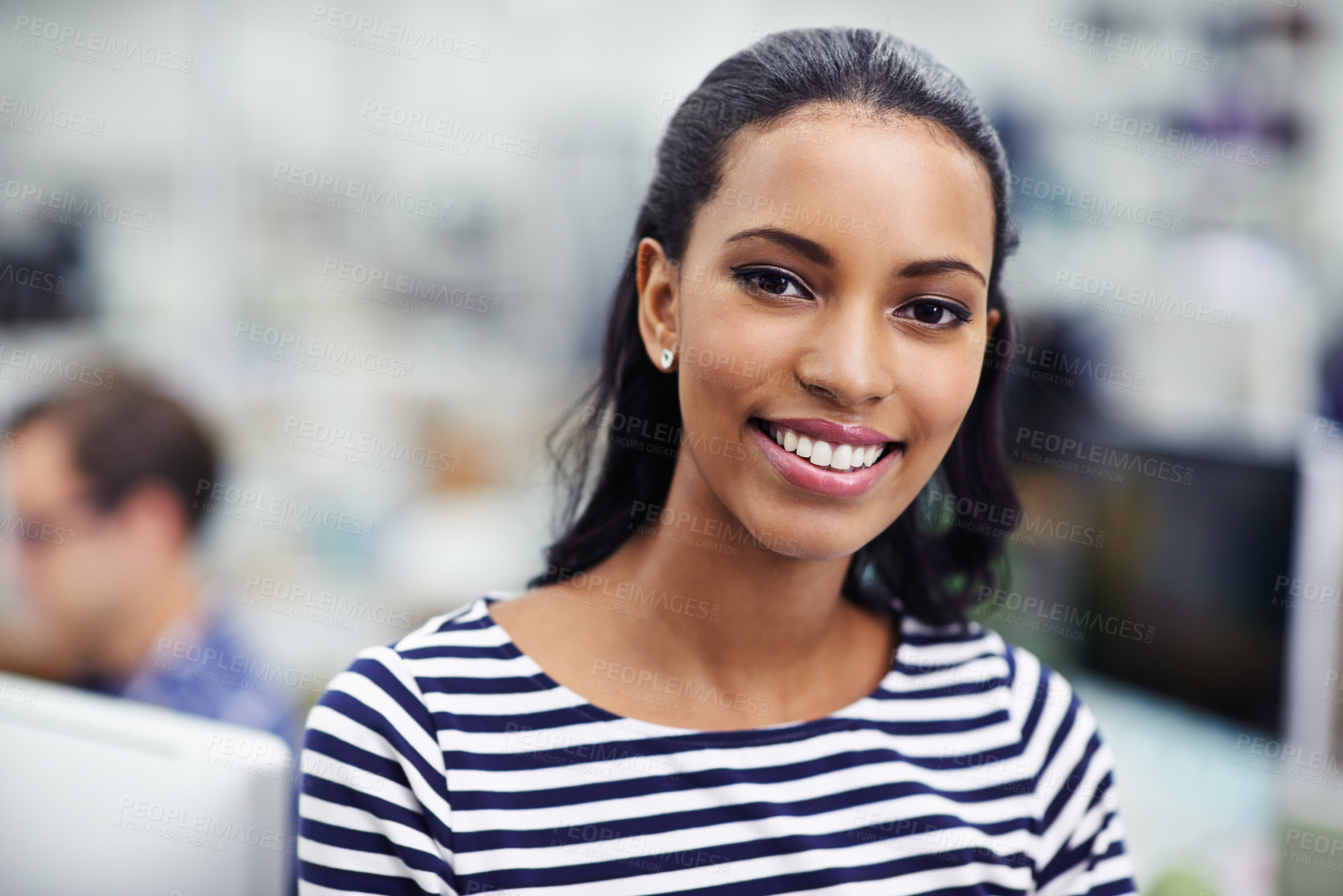 Buy stock photo African woman, portrait and smile with closeup, job and business and company or workspace. Employee, startup and office with entrepreneur, face and happiness with work and career at design agency