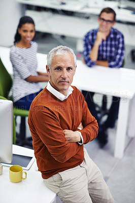 Buy stock photo Portrait, manager and business man in workplace with arms crossed for confidence, startup and entrepreneur. CEO, leadership and group of people in office for collaboration, planning and teamwork