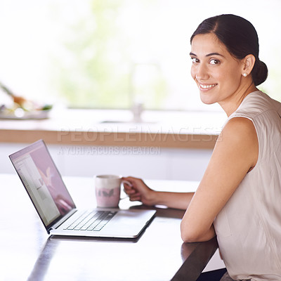 Buy stock photo Woman, portrait and laptop in kitchen for work at home, online or browse website for information on product sales. Female person, computer and internet for search for feedback on targets and project.