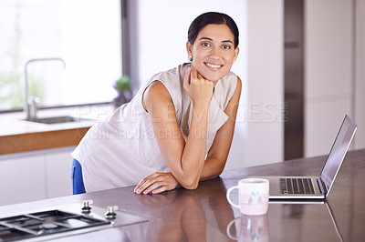 Buy stock photo Woman, laptop and coffee on table in kitchen for remote work, research or startup for job with beverage. Entrepreneur, blogger with smile with technology for email, internet and online in home 