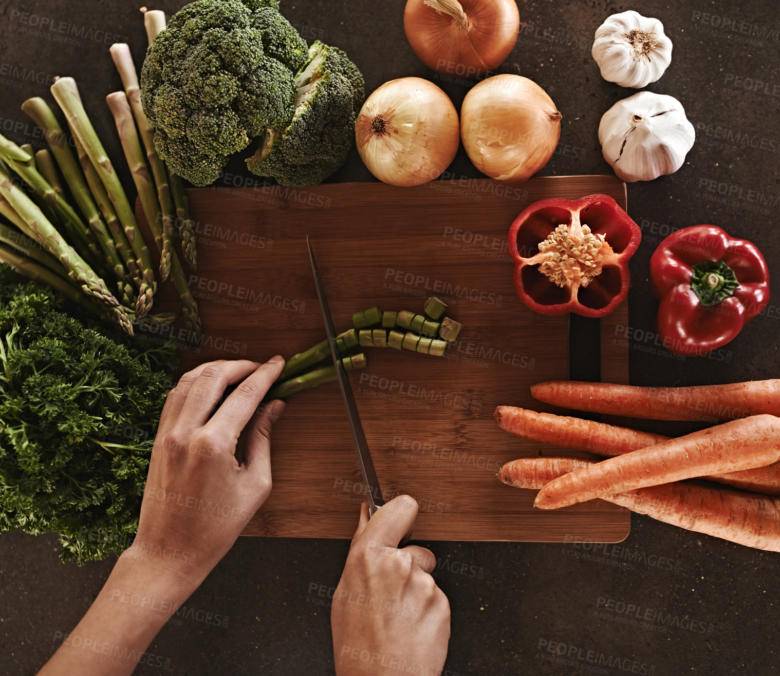 Buy stock photo Person, hands and knife with vegetables, chopping board and food with ingredients and wellness. Closeup, utensils and chef with salad and lunch with diet plan and healthy meal with dinner and home