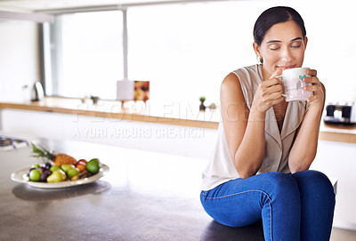Buy stock photo Woman, drink and smell coffee in kitchen or morning, enjoying and holding mug or cup. Female person, relaxing and tea or expresso for breakfast or energy at home, eyes closed and smile while sitting