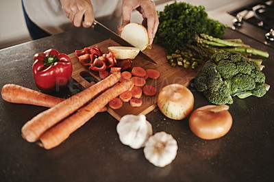 Buy stock photo Kitchen, hands and knife with vegetables, chopping board and food with ingredients and diet plan. Closeup, utensils or chef with salad or lunch with person and healthy meal with dinner, vegan or home