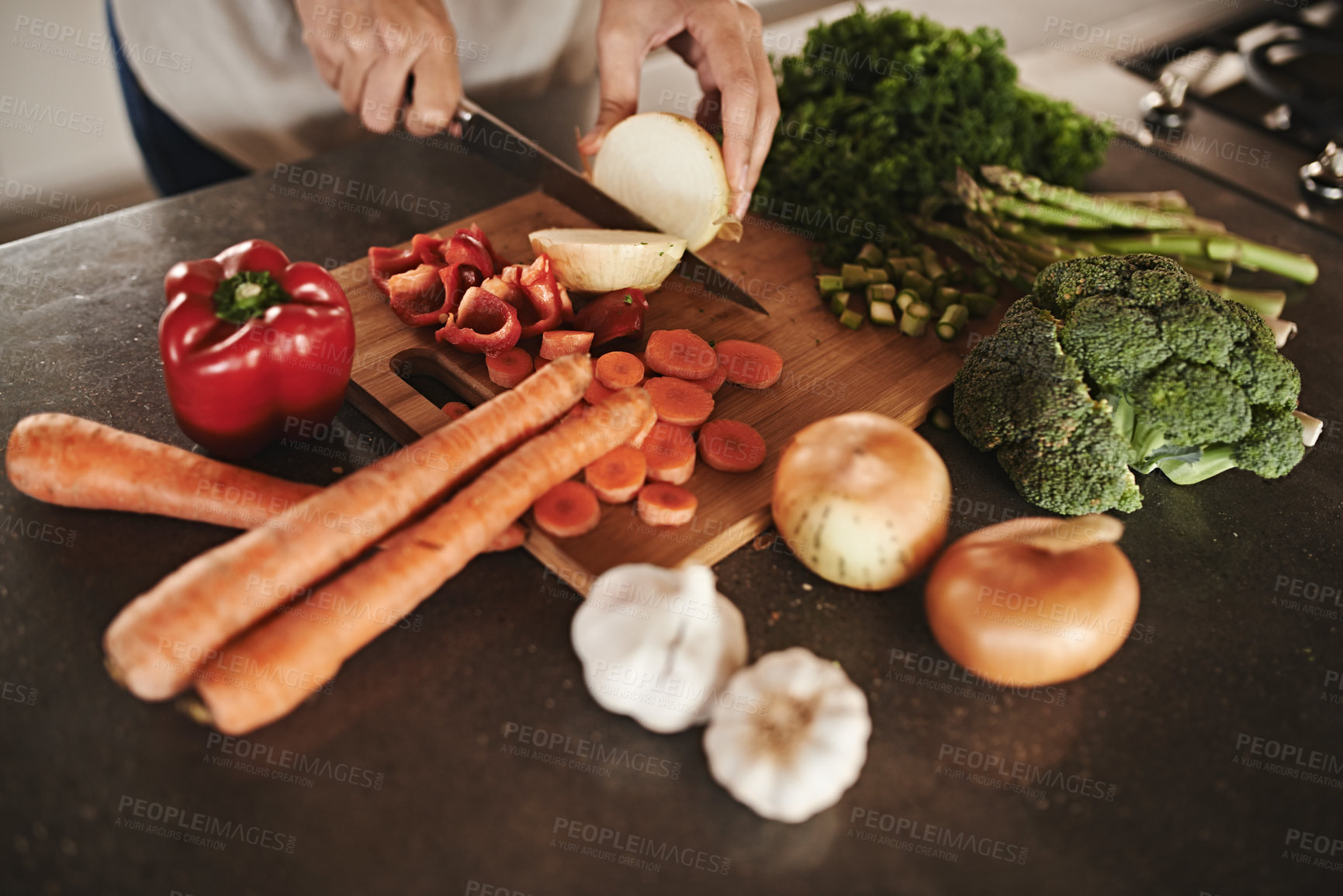 Buy stock photo Kitchen, hands and knife with vegetables, chopping board and food with ingredients and diet plan. Closeup, utensils or chef with salad or lunch with person and healthy meal with dinner, vegan or home