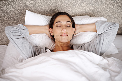 Buy stock photo Peace, sleeping and woman relax in a bed with comfort, dreaming or resting at home. Sleep, top view or female person in bedroom for vacation, holiday or day off nap, recovery or calm snooze in house