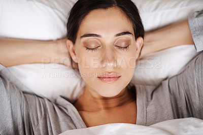 Buy stock photo Relax, peace and woman sleeping in a bed with comfort, dreaming or resting at home. Face, top view or female person in bedroom for vacation, holiday or day off nap, recovery or calm snooze in house