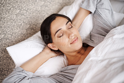 Buy stock photo Peace, relax and woman sleeping in a bed with comfort, dreaming or resting at home. Sleep, top view or female person in bedroom for vacation, holiday or day off nap, recovery or calm snooze in house