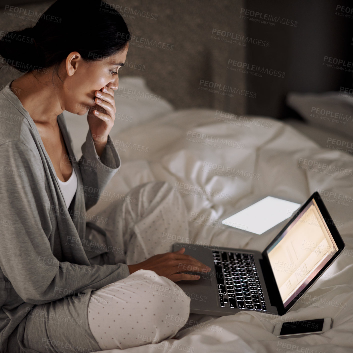 Buy stock photo House, bedroom and yawn from woman with laptop for writing novel on site for ebook. Night, female person and girl tired from editing novel with digital devices of tablet and technology of phone