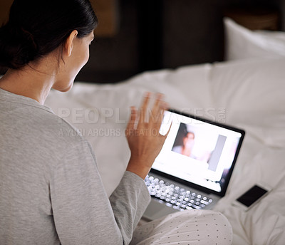 Buy stock photo Video call, laptop screen and wave with woman in bedroom for communication, internet and online chat. Virtual, back view and female person in bed for social media, conversation and webcam at home
