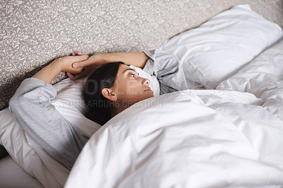 Buy stock photo Peace, wake up and woman thinking in a bed with comfort, relax or resting in her home. Sleep, calm and female person in a bedroom with morning, chilling or enjoying a quiet, break or nap in a house
