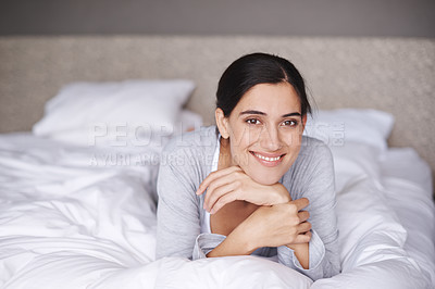 Buy stock photo Portrait, bed and duvet of happy woman, bedroom and home for comfort and sleep. Smile, relax and bedding in room for rest for fatigue, wellness and refresh or joy on weekend chill in pyjamas 