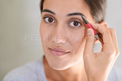 Buy stock photo Portrait, cosmetics and tweezer with eyebrows of woman in mirror of home bathroom for grooming or hygiene. Beauty, cleaning or wellness with face of young person in apartment for morning hair removal