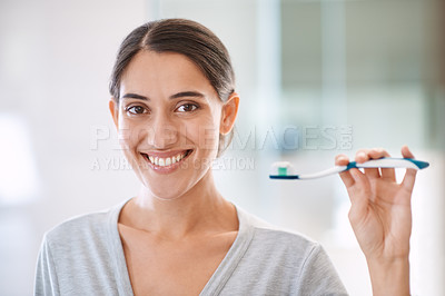 Buy stock photo Woman, portrait and toothbrush with smile in home for health, wellness and care for teeth in morning. Girl, person and happy for teeth whitening, mouth and cleaning for hygiene at apartment in Chile