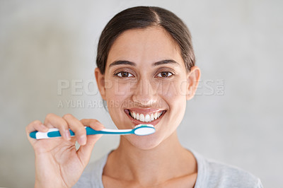 Buy stock photo Woman, portrait and happy for brushing teeth in home for health, wellness or care for breath in morning. Girl, person and smile with toothbrush, mouth and cleaning for hygiene at apartment in Chile