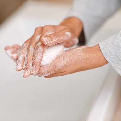 Buy stock photo Washing hands, soap foam and cleaning in bathroom for germs, bacteria or viruses as routine. Hygiene, healthcare and skincare person to prevent sickness or disease, habit and water for bubbles daily