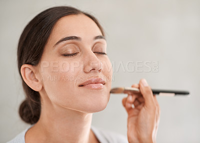 Buy stock photo Beautician, client and makeup with brush beauty and cosmetics for special event in studio. Female person, face products and blush or eyeshadow for confidence, skincare or stylish in white background