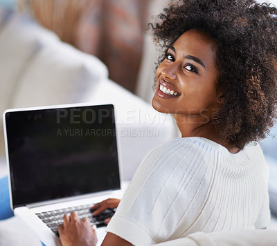 Buy stock photo Portrait, laptop and remote work with a business black woman in her home as a freelance entrepreneur. Computer, technology and self employed with a young female person working in the living room