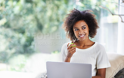 Buy stock photo Apple, laptop and thinking with black woman on sofa in living room of home for health or remote work. Computer, smile and startup business with happy young person in apartment for startup career