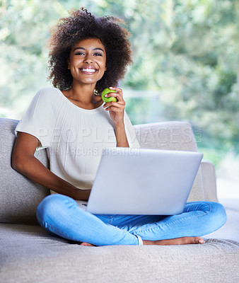 Buy stock photo Apple, portrait and woman on sofa with laptop for social media, lifestyle blog and food website at home. Happy female person, technology and fruit for nutrition, healthy diet and clean eating