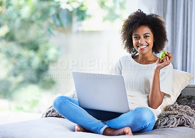 Buy stock photo Apple, mockup and portrait of woman on sofa with laptop for social media, lifestyle blog and food website at home. Happy female person, technology or fruit for nutrition, healthy diet or clean eating