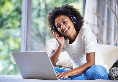 Buy stock photo Headphones, woman and laptop at home for online education, e learning and homeschooling in living room. Female person, scholar and university student in house for remote class, studying and tuition