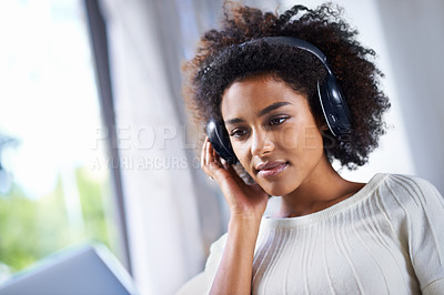 Buy stock photo Headphones, woman and laptop with web, home and technology for video and music. African student, computer and internet for streaming, blog and email with connectivity and relax for wellness in house