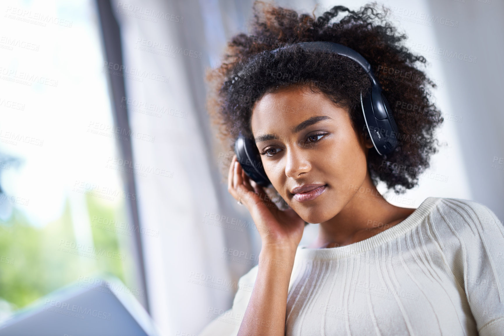 Buy stock photo Headphones, woman and laptop with web, home and technology for video and music. African student, computer and internet for streaming, blog and email with connectivity and relax for wellness in house