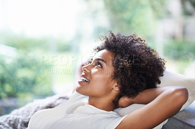 Buy stock photo Relax, thinking and happy woman on sofa in lounge, afternoon nap and rest in calm apartment on weekend. Daydream ideas, peace and girl on couch relaxing, self care and stress free chill time in home.