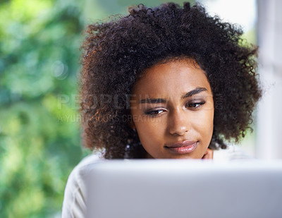 Buy stock photo Face, laptop and thinking with afro black woman in living room of home for research or remote work. Computer, planning or problem solving with young freelance employee or entrepreneur in apartment