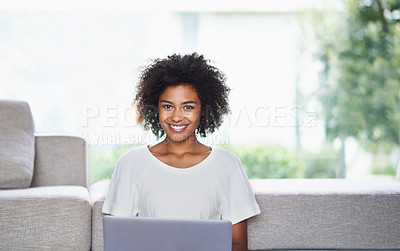 Buy stock photo Portrait, laptop and African woman in lounge, smile and online shopping from home. Internet, ecommerce and shopping for fashion clothing, browsing and connected for happy female with natural afro 