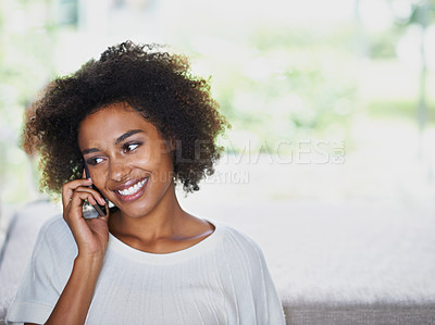 Buy stock photo Home, relax and phone call with black woman, communication and connection with network. Apartment, African person and girl with a smartphone and mobile user with online chatting, smile or digital app