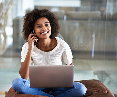 Buy stock photo Portrait, remote work and black woman with phone call, laptop or home with entrepreneur or connection. African person, apartment or freelancer with computer or smartphone with copywriting or internet