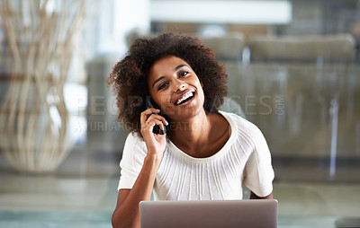 Buy stock photo Portrait, home and black woman with phone call, laptop or remote work with freelancer or connection. African person, employee or entrepreneur with computer or smartphone with copywriting or internet