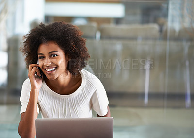 Buy stock photo Portrait, remote work or black woman with phone call, pc or home with entrepreneur or communication. African person, smile or freelancer with laptop or cellphone with copywriting, contact or internet