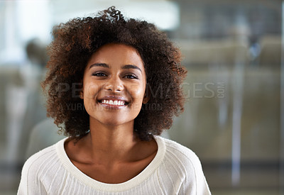 Buy stock photo Portrait of a smiling young woman at home