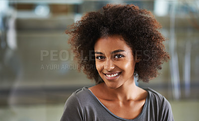 Buy stock photo Portrait, home and black woman with smile, afro and content in a living room and cheerful. Face, African person and apartment with happy girl and lady with confidence and proud with joy and casual