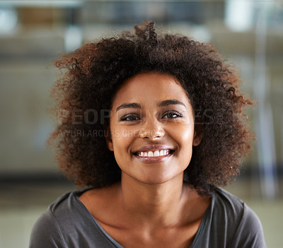 Buy stock photo Portrait, smile and afro with black woman in home to relax on weekend for morning free time. Face, girl and natural with happy young person in casual clothing at apartment for break or resting