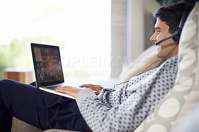 Buy stock photo Man, call center or remote work with laptop for customer service, typing or consulting online. Home, virtual assistant or headset on a happy freelance employee with smile for communication or support