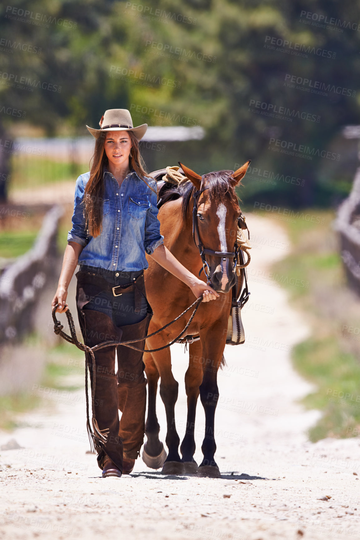 Buy stock photo Cowboy, horse or happy woman in portrait or walk together on western ranch in country. Trainer, face or smile by strong stallion of american quarter thoroughbred or pride for healthy animal on farm