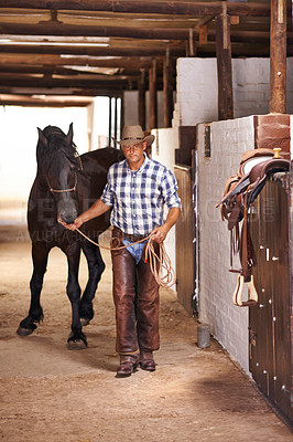 Buy stock photo Cowboy, person and horse in stable for portrait with care, growth and development at farm, ranch or countryside. Man, animal or pet with love, connection and bonding for wellness with nature in Texas