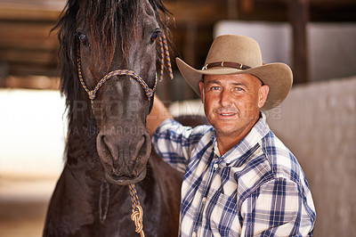 Buy stock photo Cowboy, man and horse in stable for portrait with care, growth and development at farm, ranch or countryside. Person, animal or pet with love, connection and bonding for wellness with nature in Texas