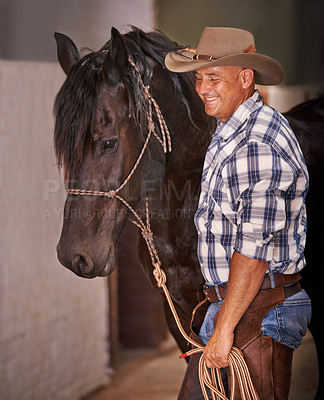 Buy stock photo Cowboy, man and horse in stable with walk, care and love for growth, development and guide at farm. Person, animal or pet with smile, connection and bonding for wellness with nature at ranch in Texas