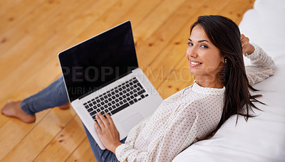 Buy stock photo Woman, home and laptop on sofa, confident and lounge for portrait, smile and confidence in remote work. Female person, tech and for entertainment and social media blog for journalist and casual wear