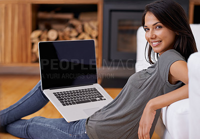 Buy stock photo Woman, home and laptop on sofa, portrait and lounge for screen, smile and confidence in streaming. Female person, tech for entertainment and social media blog for computer and relax casual wear
