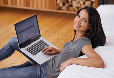 Buy stock photo Woman, home and laptop on screen, smile and lounge for portrait, floor and confidence in remote work. Female person, tech and for entertainment and social media blog for journalist and casual wear